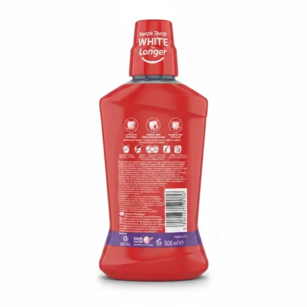 Colgate Max White red bottle mouthwash back with ingredients and instructions