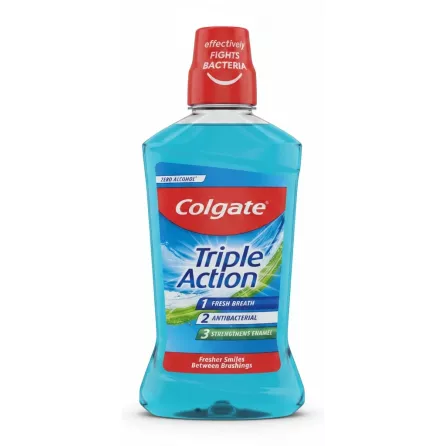Colgate Triple Action Mouthwash front label showing fresh breath, antibacterial, strength enamel benefits