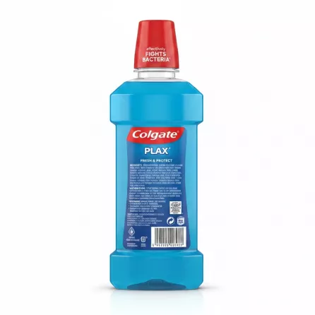 Colgate Plax Fresh & Protect mouthwash bottle back with usage instructions and ingredients list