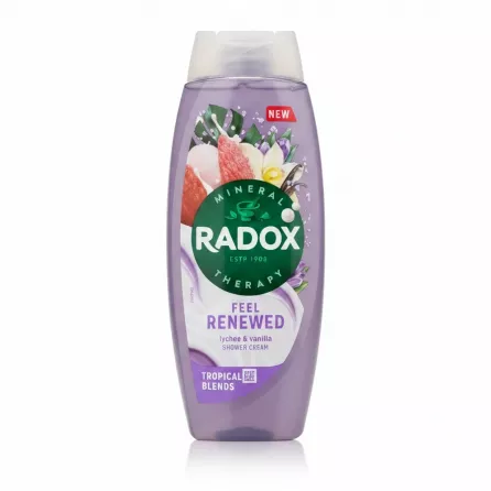Bottle of Radox Feel Renewed Shower Cream with lychee and vanilla scent front view