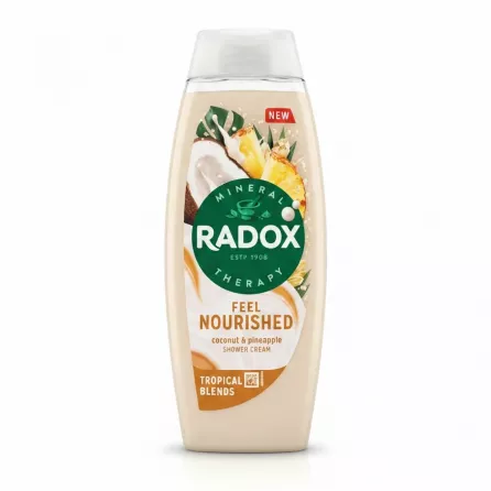 Radox Feel Nourished Shower Cream bottle front with coconut and pineapple design