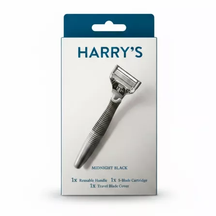 Harry's Midnight Black razor and packaging front view