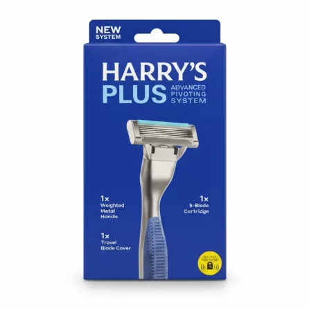 Harry's Plus razor kit packaging with metal handle and 5-blade cartridge image