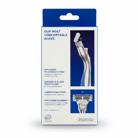 Back view of Harry's Plus razor packaging showing features and advanced pivoting system