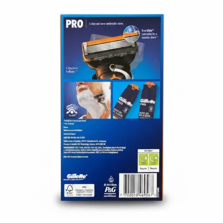 Back of Gillette ProGlide razor package showing features and ingredients