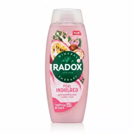 Radox Feel Indulged Passionfruit & Shea Shower Cream front view with tropical fruit and shea butter illustration