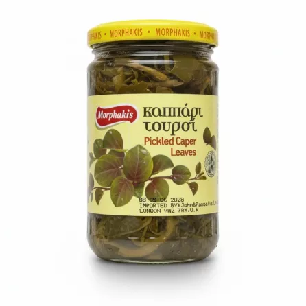 Jar of Morphakis Pickled Caper Leaves front view