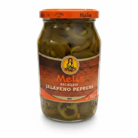 Melis brand jar of sliced pickled hot jalapeno peppers with orange lid
