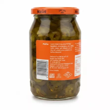 Back view of Melis pickled jalapeno peppers jar showing ingredients and product information