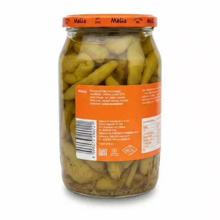 Side view of Melis Pickled Peppers jar with ingredient label visible