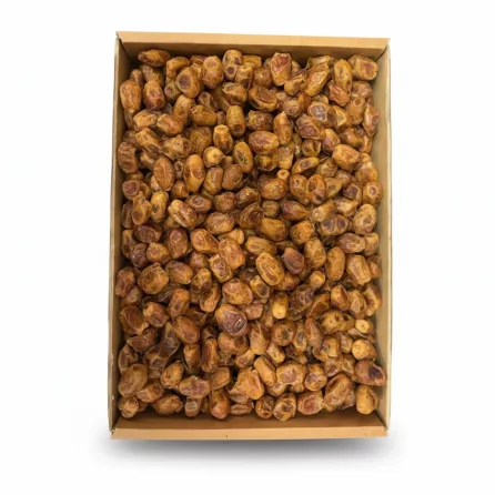 Box of Zahedi dates showing golden brown dry dates