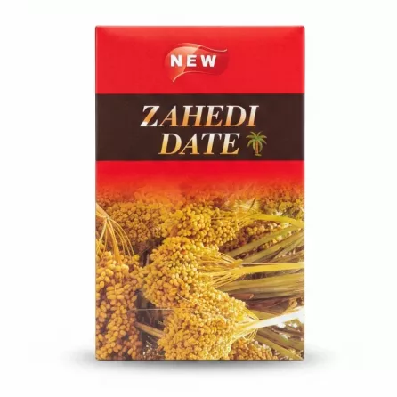 Packaging box with Zahedi Dates branding and image of date palms