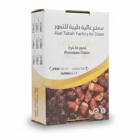 Close-up of Aliat Taibah Premium Dates 5kg box with product and certification details
