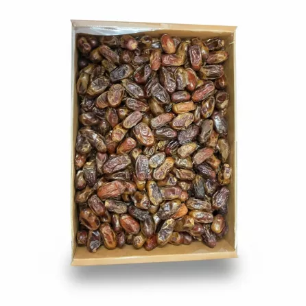 Close-up view of premium Aliat Taibah dates inside a cardboard box