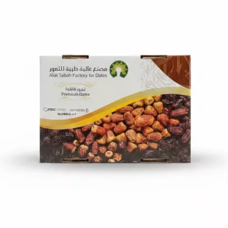 Box packaging of Aliat Taibah Premium Dates with product branding and imagery