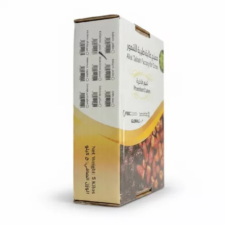 Close-up of Aliat Taibah premium dates packaging box