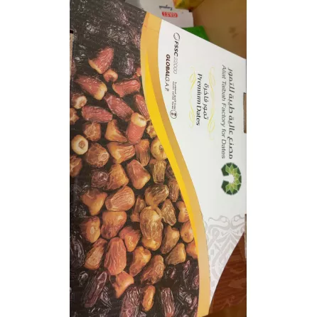 Aliat Taibah Premium Dates packaging showing a variety of dates