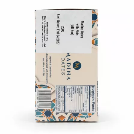 Back of Madina dates box showing nutrition facts and product details
