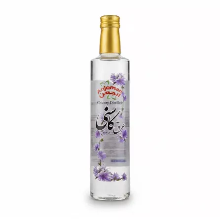 Anjoman branded clear bottle of chicory distilled water with floral label