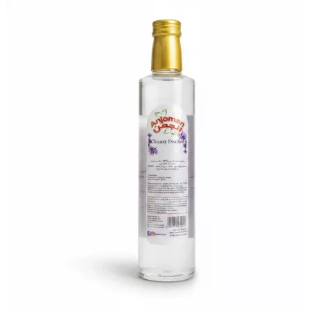 Back view of Anjoman chicory distilled water bottle showing label and product information
