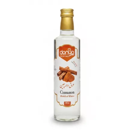 Bottle of Donya Cinnamon Distilled Water with golden cap and labelled front