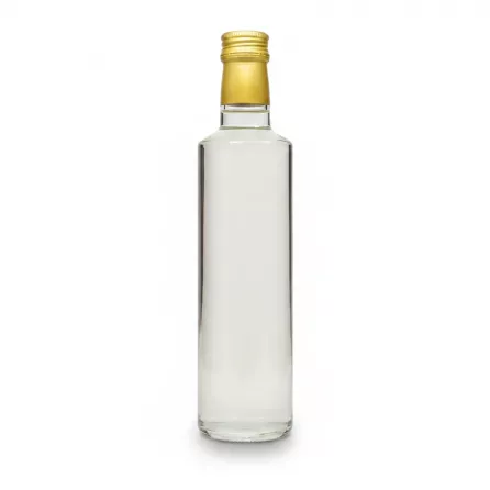 Side view of clear glass bottle showing cinnamon distilled water