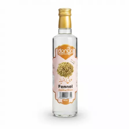 Bottle of Donya brand fennel distilled water with label showing fennel seeds