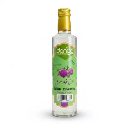 Bottle of Donya Milk Thistle Distilled Water with green label and yellow cap