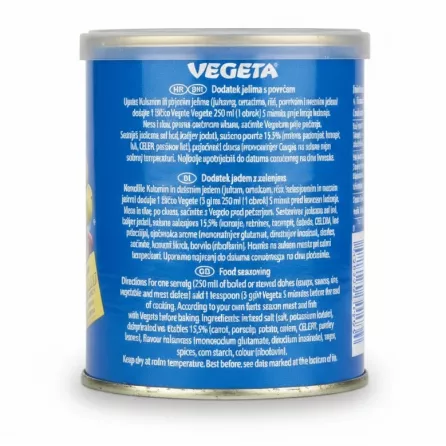 Podravka Vegeta seasoning tin with ingredients and usage instructions