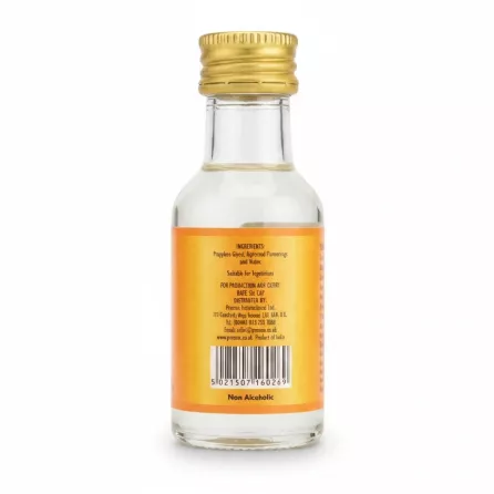Back label of Preema orange flavouring essence bottle showing ingredients and barcode