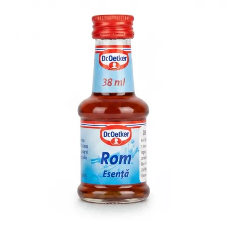 Small glass bottle of Dr. Oetker rum essence with red cap