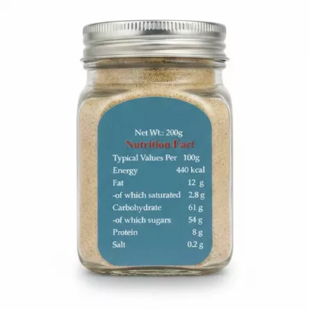 Nutrition facts label on Javaneh Fard Ghavoot jar