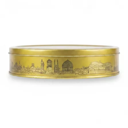 Side view of gold decorative tin featuring cultural skyline patterns