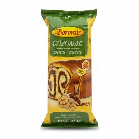 Boromir Cozonac loaf with walnuts and cocoa filling in green and yellow packaging