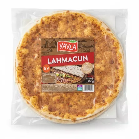 Pack of five Yayla Lahmacun Turkish pizzas in clear plastic packaging