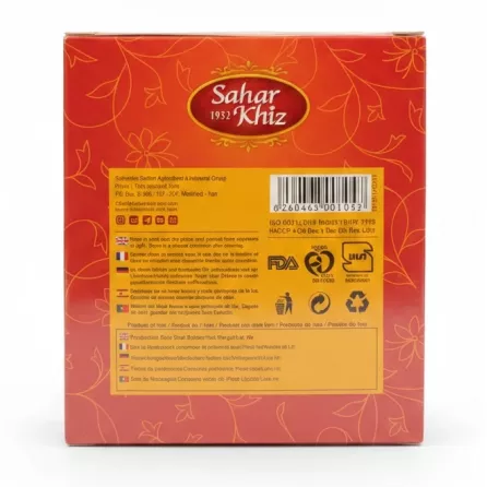Back of Sahar Khiz saffron box showing product details and storage instructions