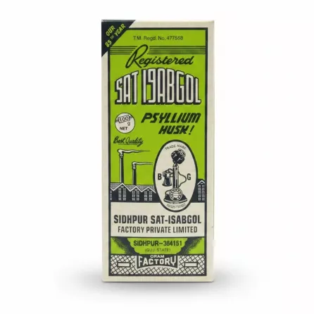 Sat-Isabgol Psyllium Husk box with green label and trademark logo