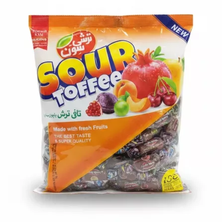 Packet of Torshi Sevan Sour Toffee candies with mixed fruit illustrations