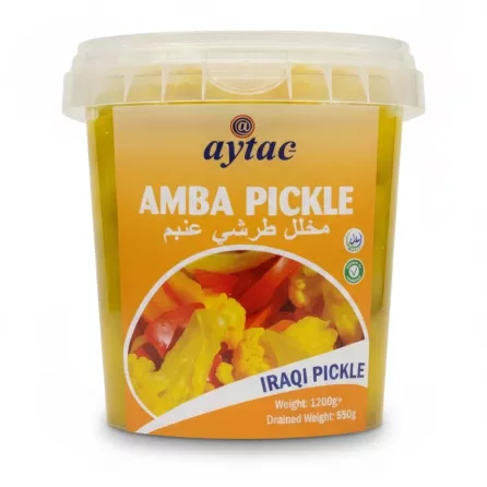 Close-up of Aytac Amba Iraqi Pickle tub showing product label and price