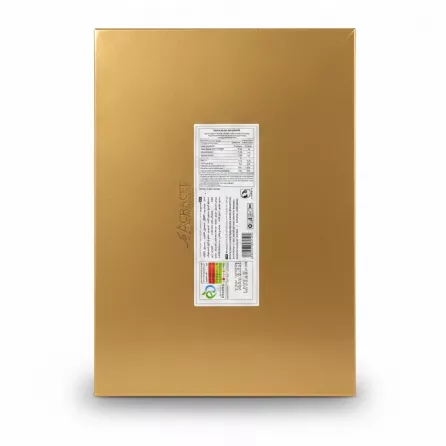 Back view of gold chocolate box with product label and nutritional info