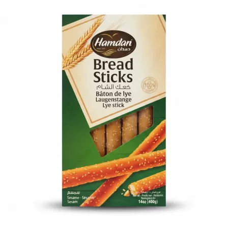 Hamdan Sesame Bread Sticks packaging front with visible bread sticks coated in sesame seeds
