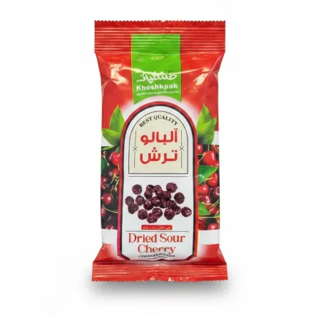Packet of Khoshkpak dried sour cherries with bright red and green packaging showing dried and fresh cherries