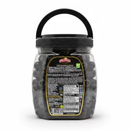 Back label of Köy Sefası Gold Black Olives with nutritional and ingredient information