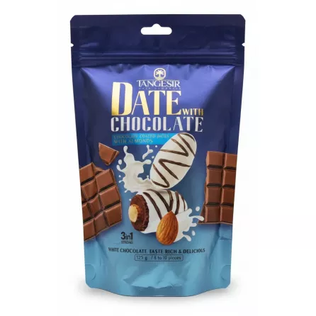 Tangesir branded resealable pouch of white chocolate coated dates with almonds