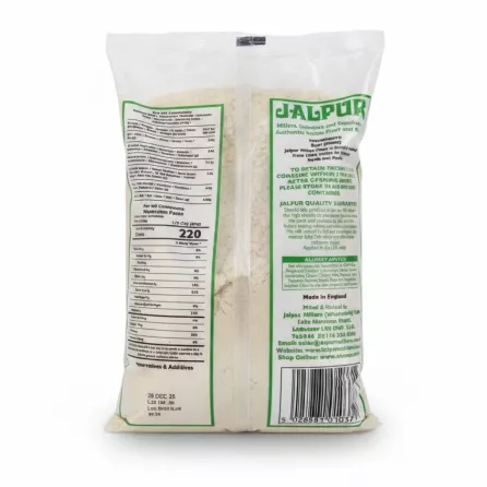 Back of Jalpur Bajri Flour pack showing nutritional facts and storage instructions
