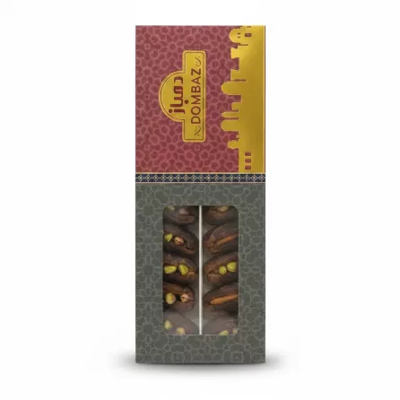 Box of Dombaz pistachio and almond stuffed dates showing front packaging