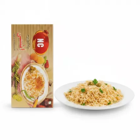 Box of NC Rice Macaroni with plated cooked rice macaroni dish