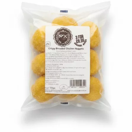 Pack of MX Crispy Breaded Chicken Nuggets in clear plastic packaging with label
