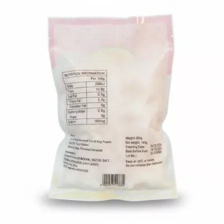 nutritional and product information on prawn packaging