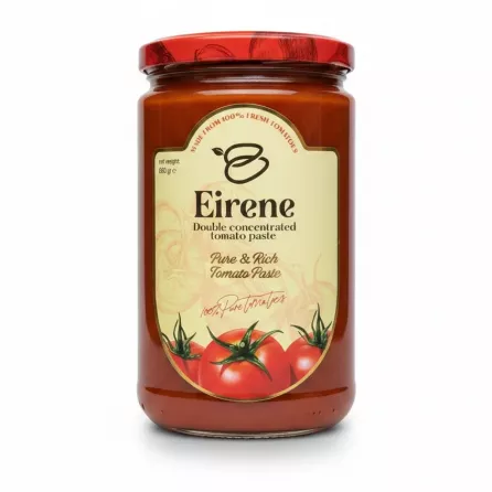 Jar of Eirene double concentrated tomato paste with fresh tomato illustration on label